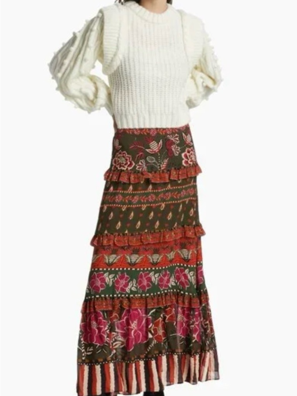 NWT FARM Rio Ainika Floral Garden Maxi Skirt Tiered Maxi Skirt in Olive and Rust - Picture 10 of 12